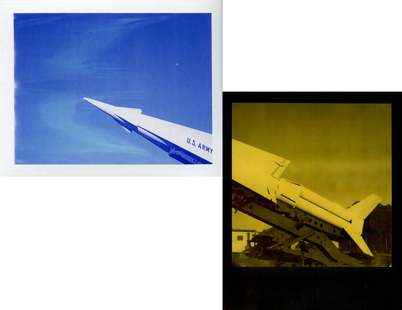 Two photos of a Nike missile collaged together; one shot with blue film, the other with yellow film