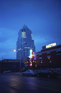 Frost Tower, Rio Grande restaurant, and neon in Austin, Texas