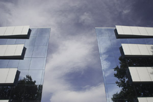 blue sky, blue building