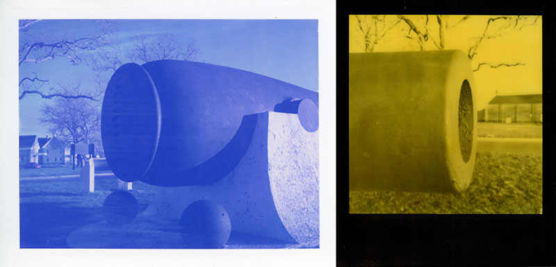 Two photos of parts of a cannon on Sandy Hook collaged together, made up of blue and yellow Polaroid film