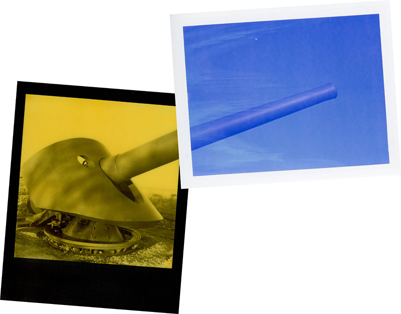 Cannon shot in two shots, blue and yellow, collaged together into a whole