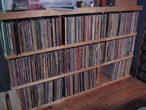 bookcase in its final location, filled with LPs