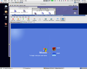 Computer screen showing Mac OS X, Fedora Core 4, Mac OS 9, and Windows XP Pro in one screen
